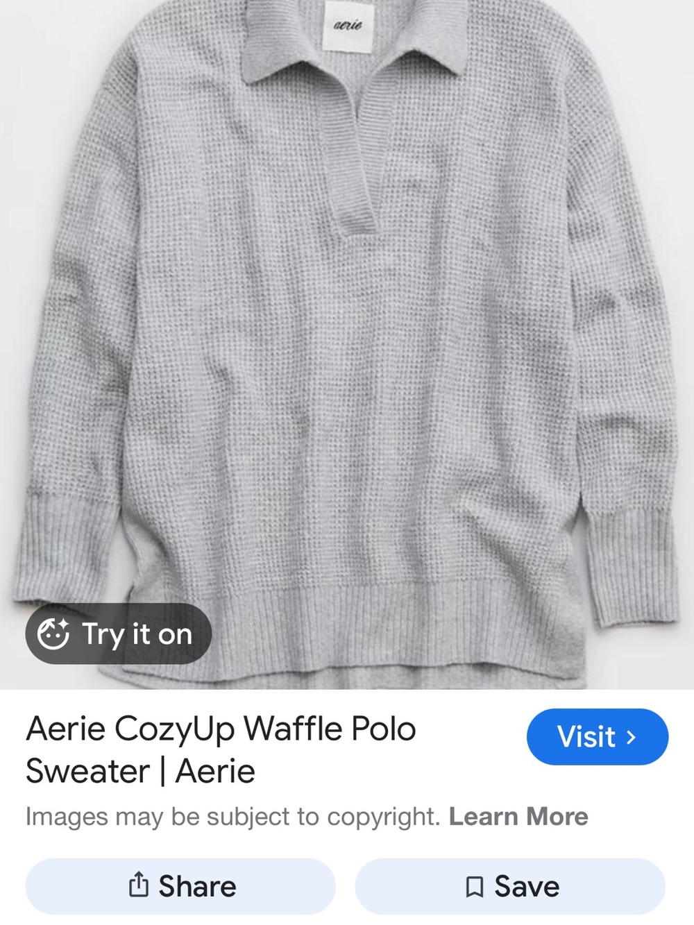 aerie Light Gray Waffle Knit V-Neck Sweater